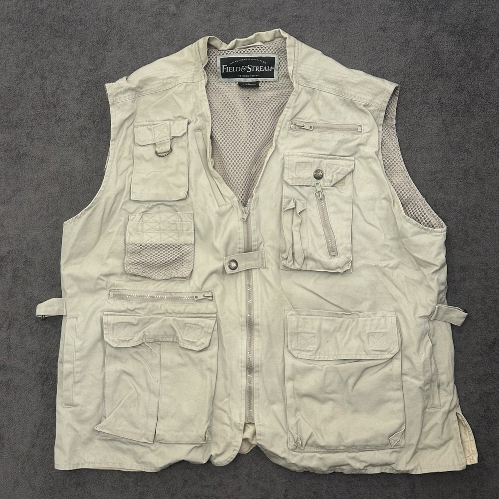 Vintage Field & Stream Fishing Vest Men XL Multi Pocket Outdoor Utility Beige